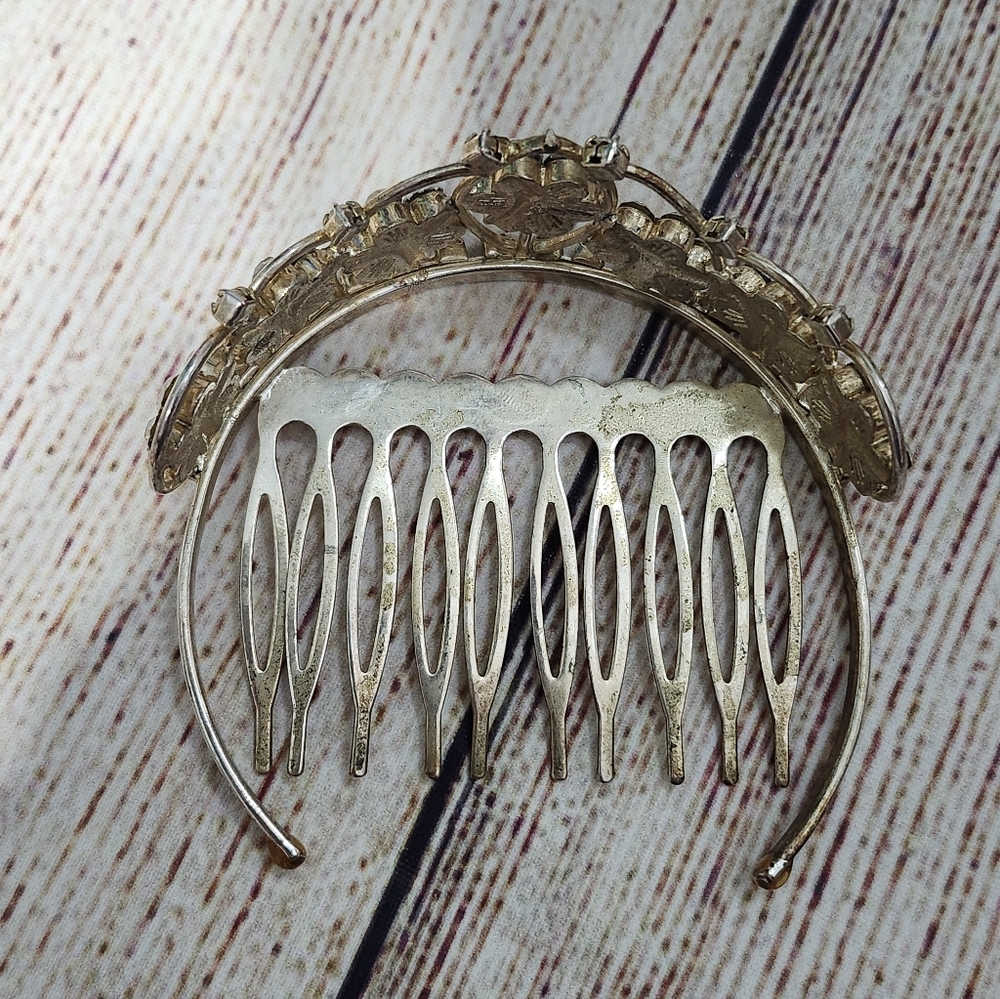 Vintage Light Gold 925 Marked Mini Tiara Rhinestone Comb - Picture 4 of 10